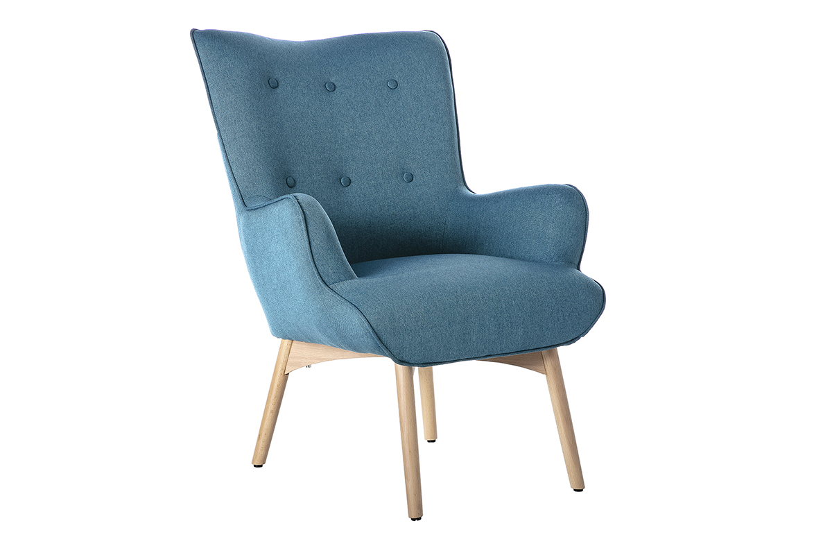 Fauteuil avec repose-pieds scandinave en tissu bleu canard et bois clair BRISTOL