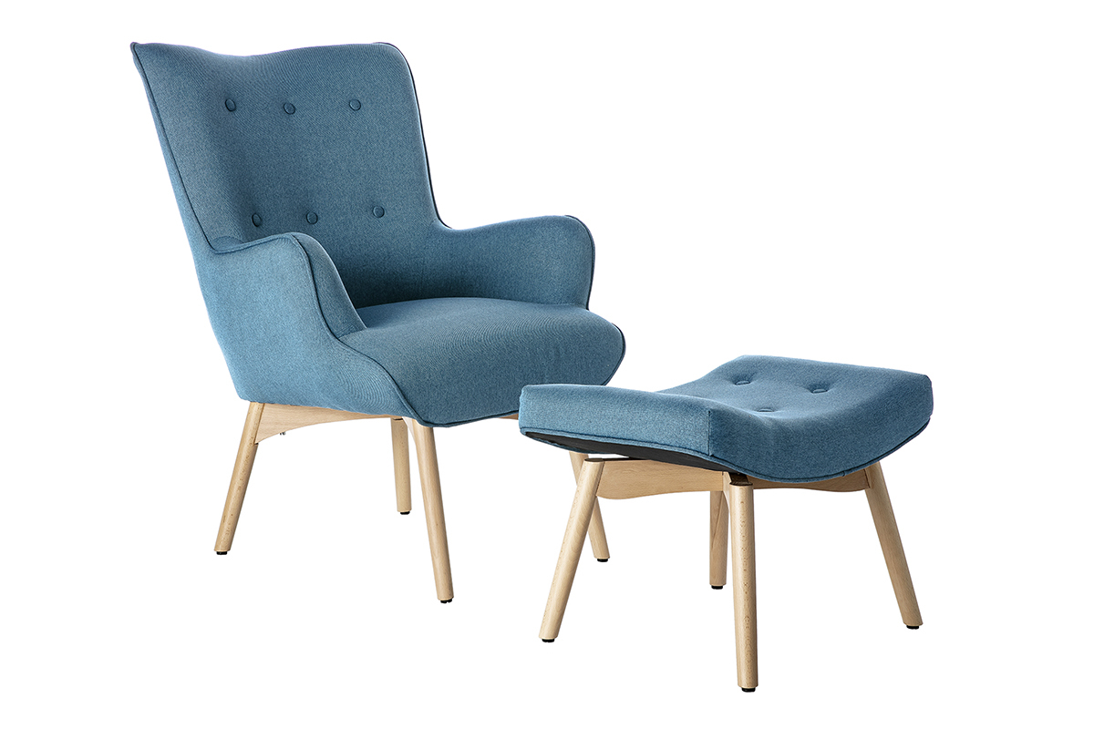 Fauteuil avec repose-pieds scandinave en tissu bleu canard et bois clair BRISTOL