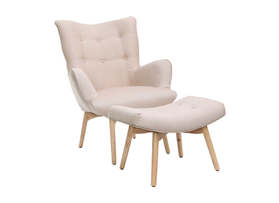Fauteuil avec repose-pieds scandinave en tissu rose poudré et bois clair BRISTOL