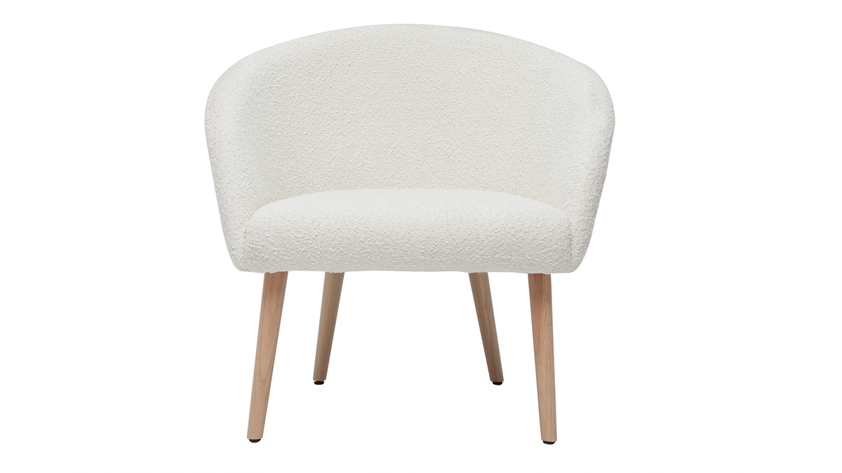 Fauteuil Scandinave En Tissu Effet Laine Bouclée Blanc Et Bois Clair Amanita 87885657