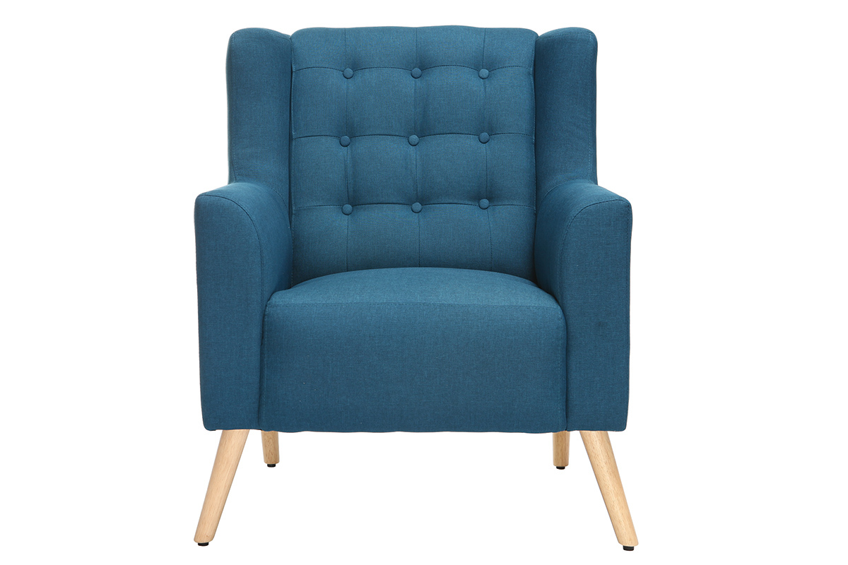 Fauteuil capitonn� en tissu bleu canard et bois clair BRIGHTON