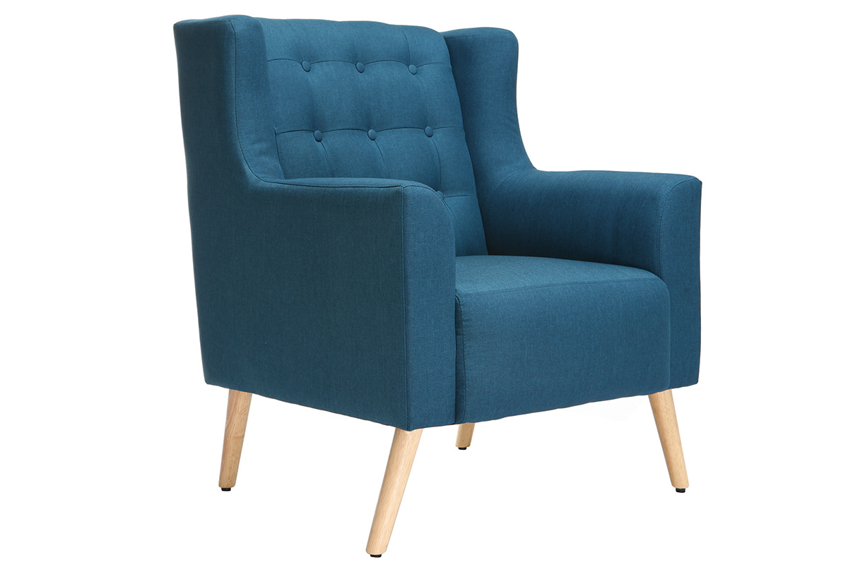 Fauteuil capitonn� en tissu bleu canard et bois clair BRIGHTON