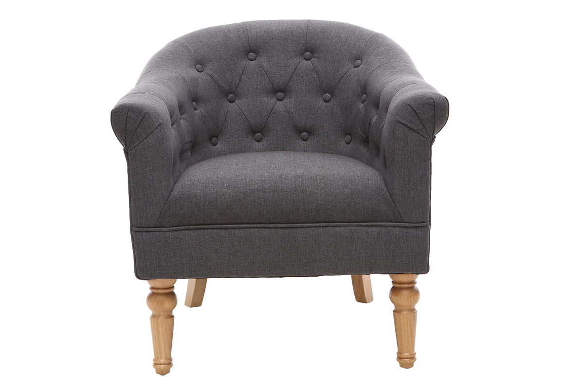 Fauteuil classique tissu gris fonc� pieds bois BALTHAZAR