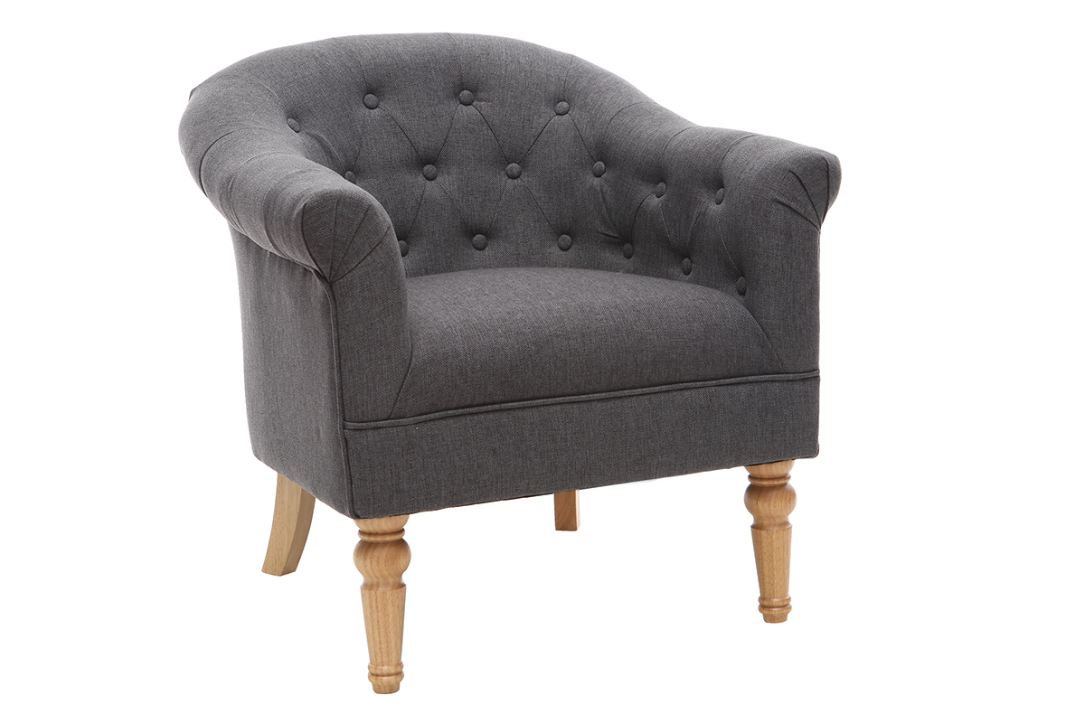 Fauteuil classique tissu gris fonc� pieds bois BALTHAZAR