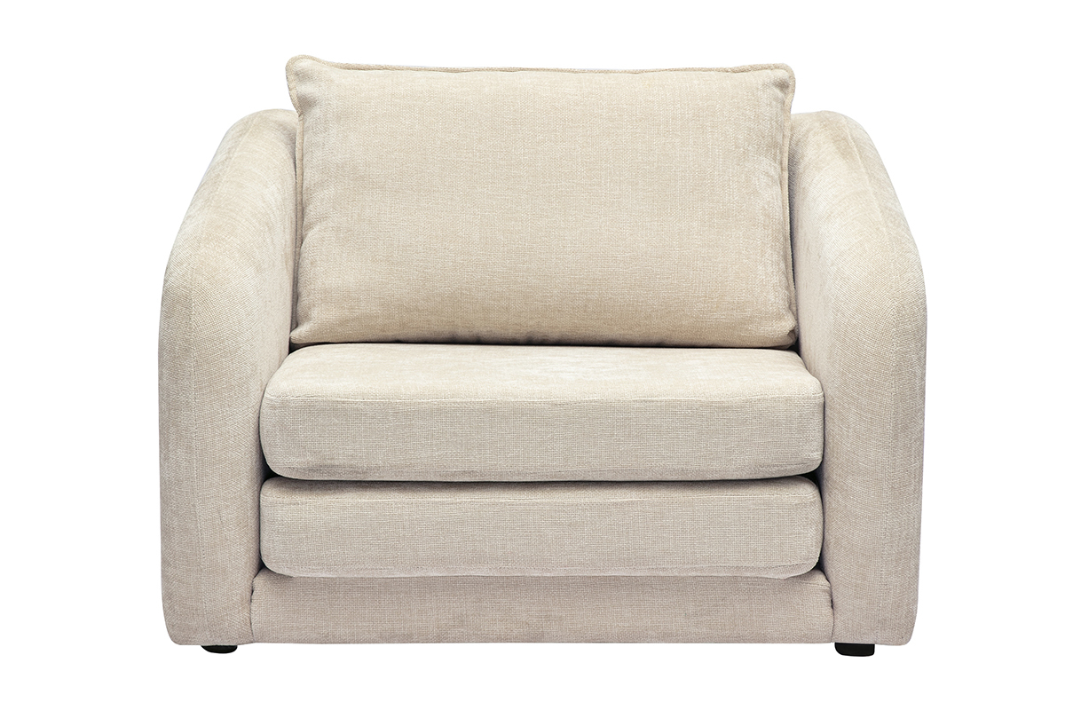 Fauteuil convertible beige effet velours textur vu de face.