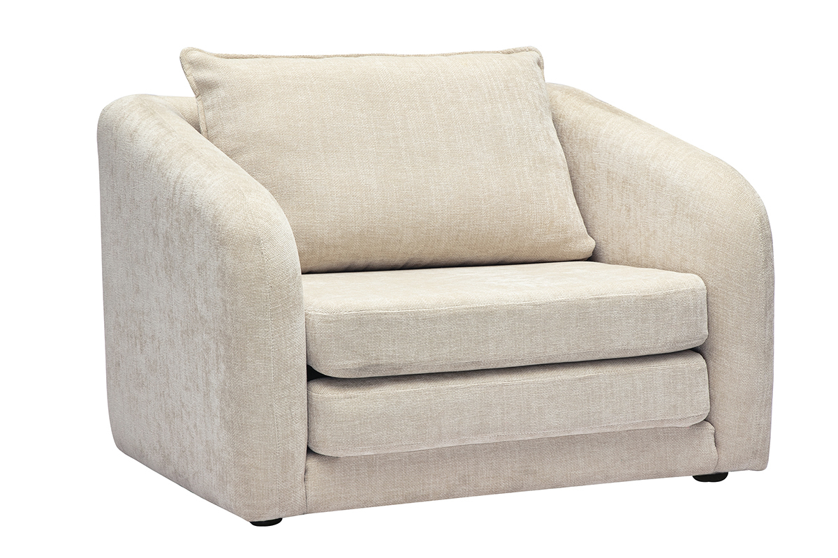 Fauteuil convertible beige en tissu effet velours textur avec accoudoirs arrondis, vue 3/4.