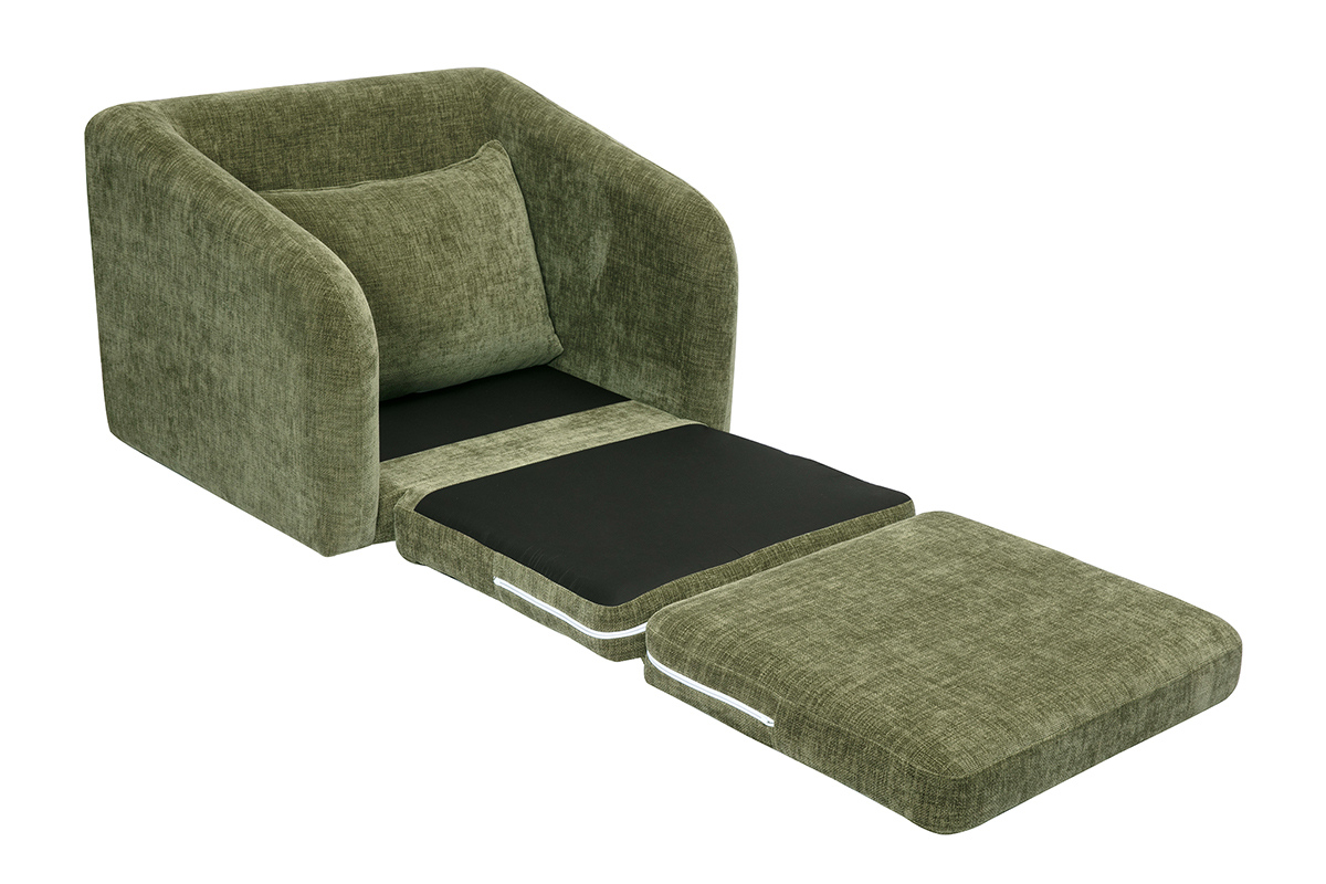 Fauteuil convertible en velours textur vert kaki, vue avec matelas dpli.