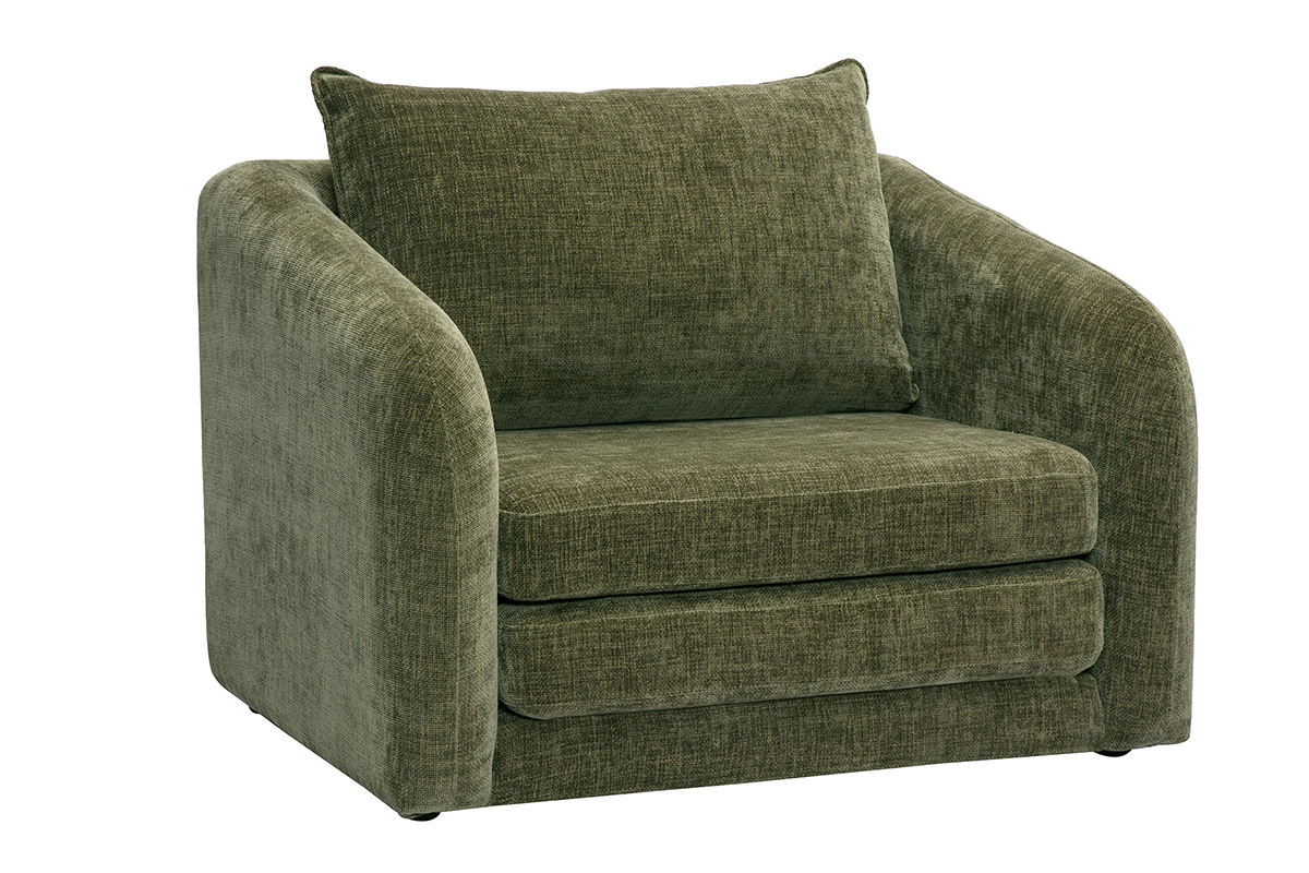 Fauteuil convertible en tissu velours vert kaki, vue 3/4.