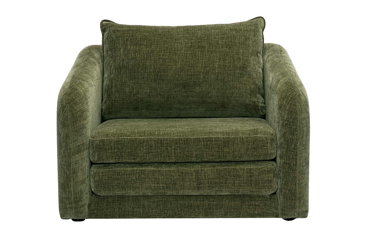 Fauteuil convertible vert kaki en tissu effet velours, vue de face.
