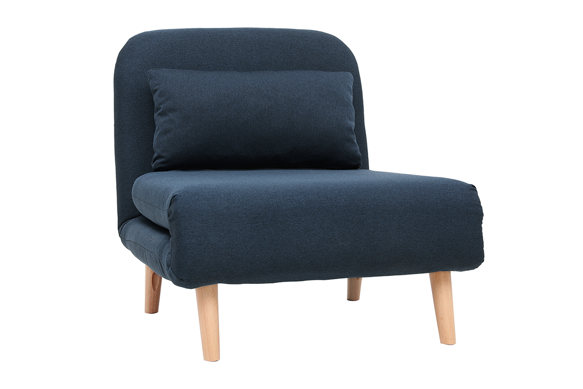 Fauteuil convertible scandinave en tissu bleu fonc et bois clair AMIKO