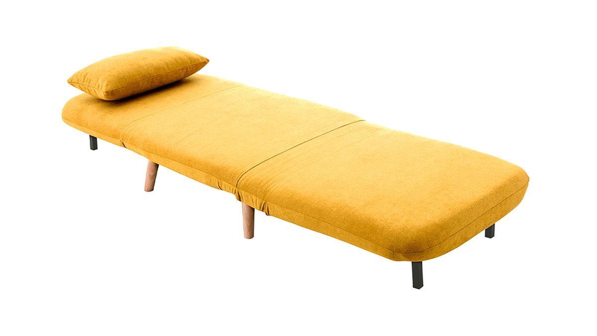 Fauteuil convertible scandinave en tissu effet velours jaune moutarde et bois clair AMIKO