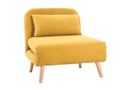 Fauteuil convertible scandinave en tissu effet velours jaune moutarde et bois clair AMIKO