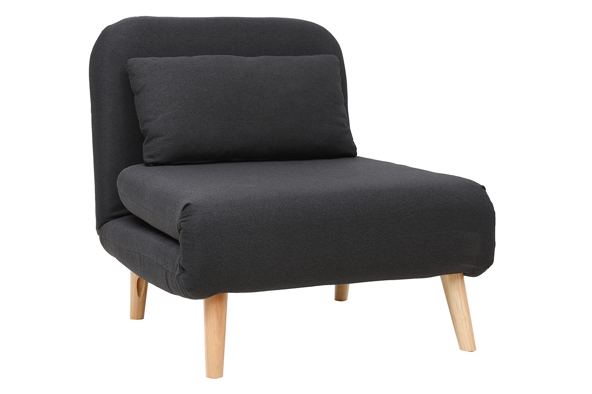 Fauteuil convertible scandinave en tissu gris fonc et bois clair AMIKO