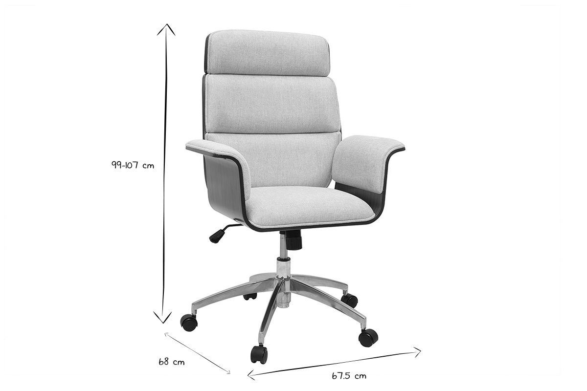 Fauteuil de bureau � roulettes ELON, dimensions indiqu�es en noir et blanc.