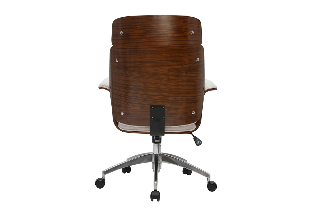 Fauteuil de bureau � roulettes ELON, vue arri�re en bois fonc� et acier chrom�.