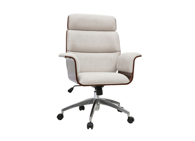 Fauteuil de bureau &agrave; roulettes design en tissu effet velours textur&eacute; beige, bois clair et acier chrom&eacute; ELON