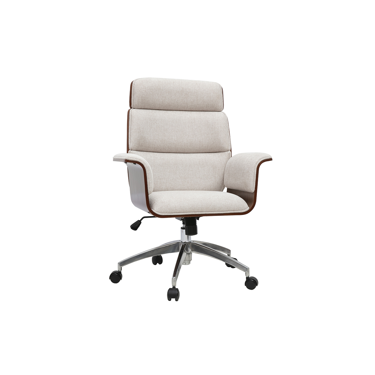 Fauteuil de bureau à roulettes design en tissu effet velours texturé beige, bois foncé et acier chromé ELON Fauteuil de bureau à roulettes design en tissu effet velours texturé beige, bois foncé et acier chromé ELON