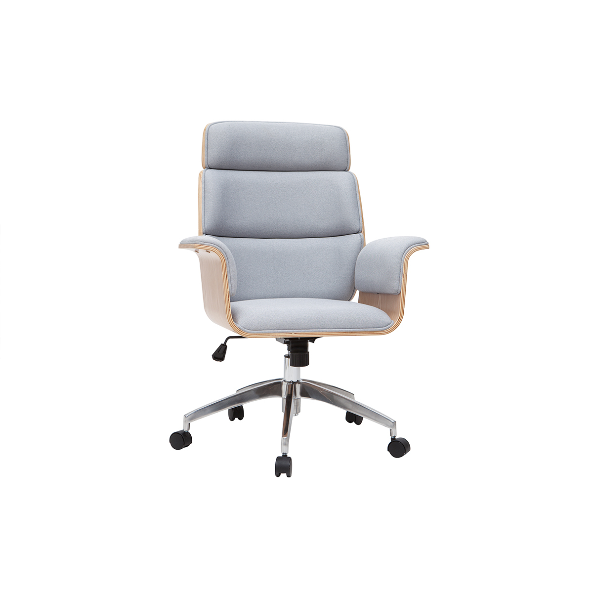 Fauteuil de bureau à roulettes design en tissu gris clair, bois clair et acier chromé ELON Fauteuil de bureau à roulettes design en tissu gris clair, bois clair et acier chromé ELON