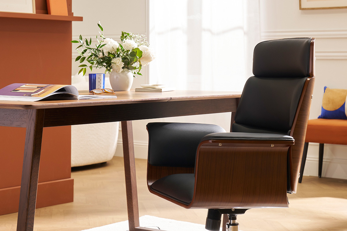 Fauteuil de bureau  roulettes design noir, bois fonc noyer et acier chrom ELON