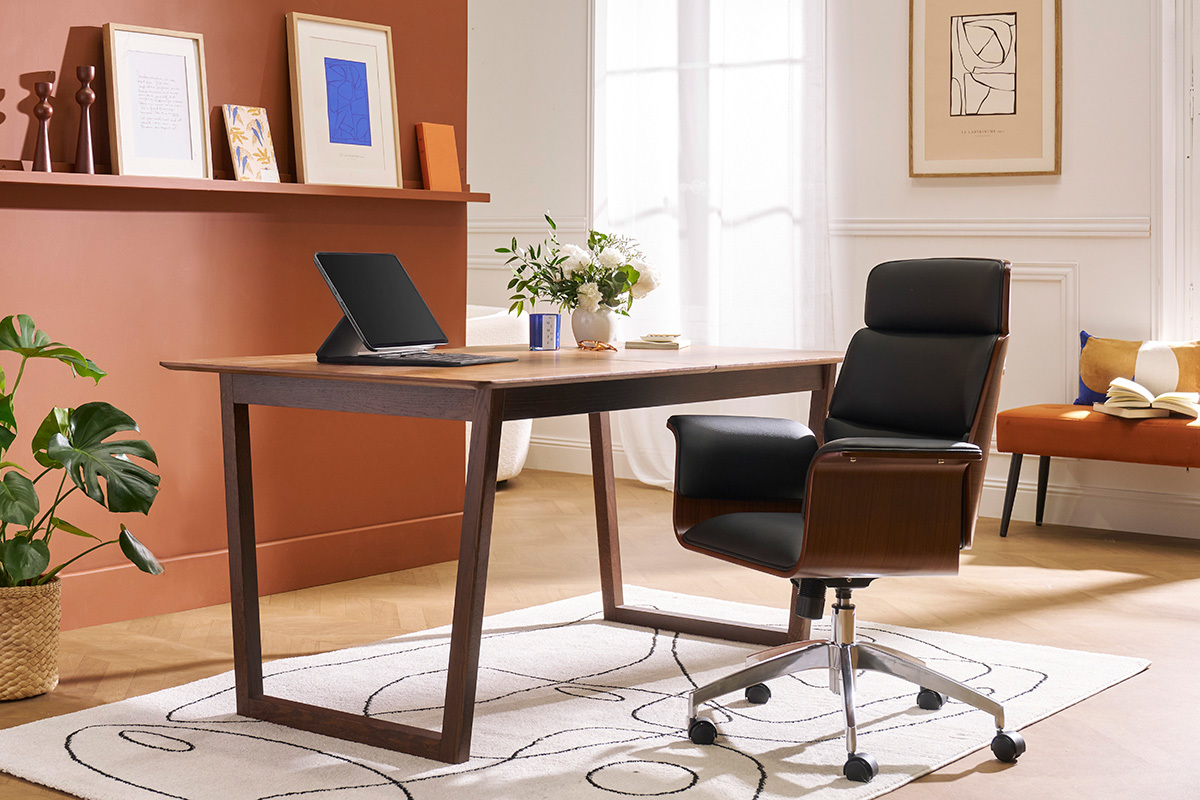 Fauteuil de bureau  roulettes design noir, bois fonc noyer et acier chrom ELON