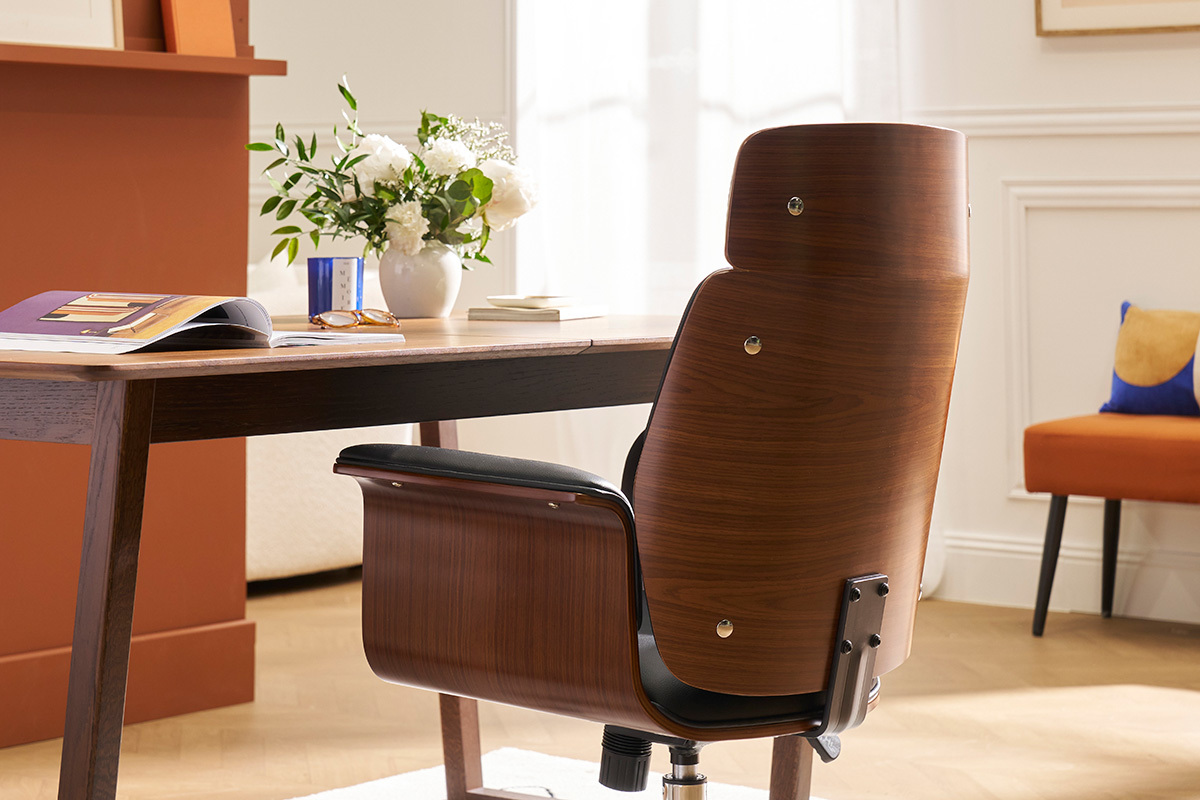 Fauteuil de bureau  roulettes design noir, bois fonc noyer et acier chrom ELON