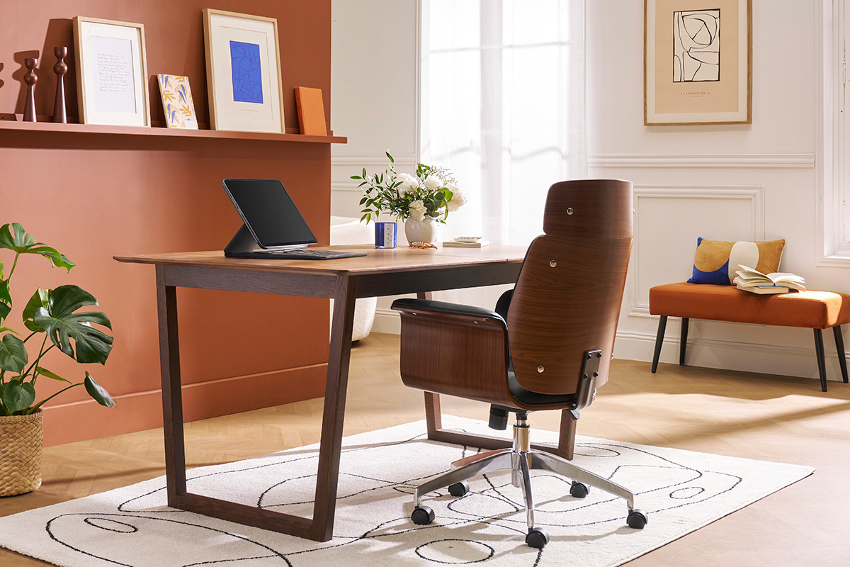 Fauteuil de bureau  roulettes design noir, bois fonc noyer et acier chrom ELON