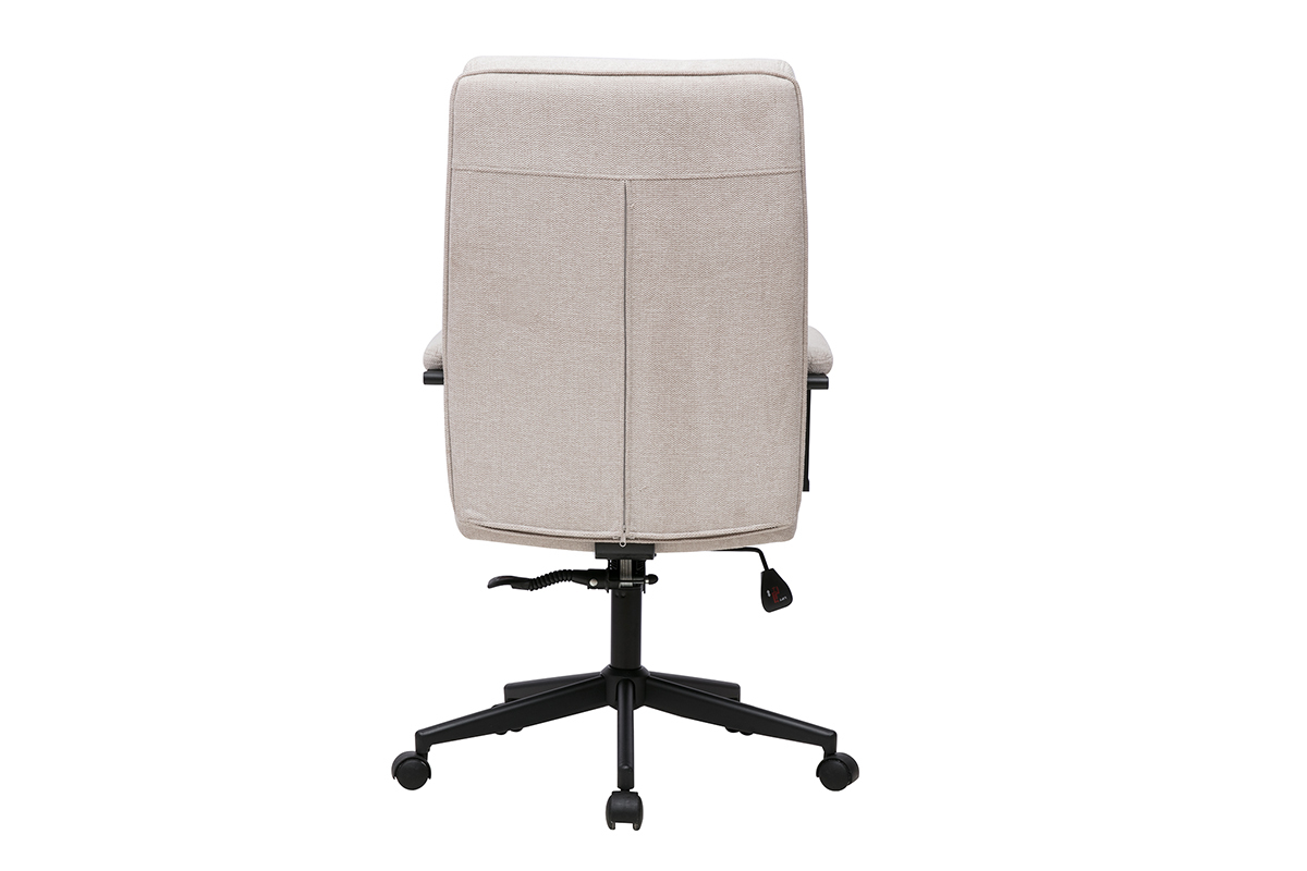 Fauteuil de bureau � roulettes beige en tissu effet velours, vue arri�re, avec structure en m�tal noir.