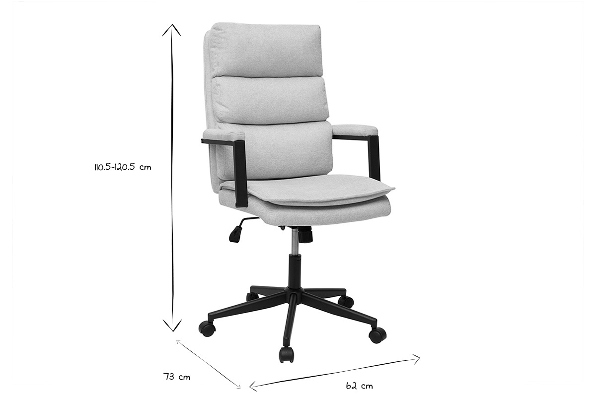 Dimensions du fauteuil de bureau en noir et blanc, hauteur 110.5-120.5 cm, largeur 62 cm, profondeur 73 cm.