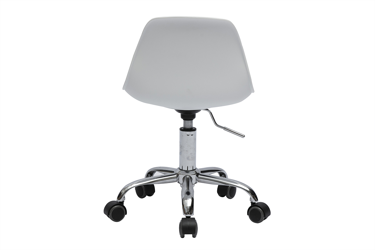 Fauteuil de bureau blanc enfant  roulettes, design moderne avec pieds mtalliques chroms. Vue de dos.