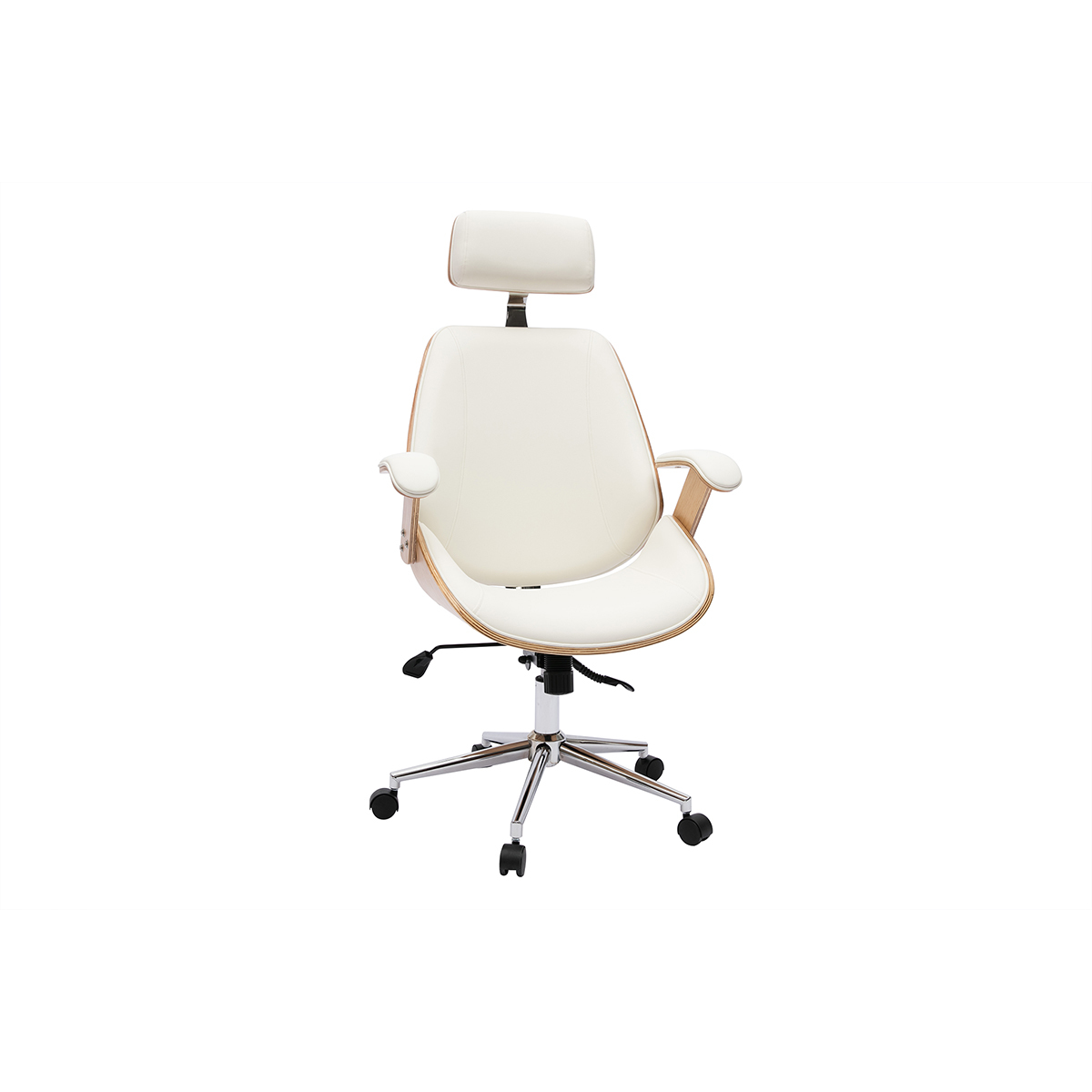 Fauteuil de bureau de direction design blanc, bois clair et acier chromé MUSK Fauteuil de bureau de direction design blanc, bois clair et acier chromé MUSK