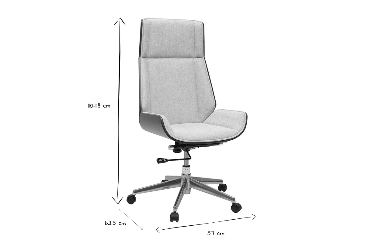 Fauteuil de bureau avec dimensions 110-118 cm hauteur, 62.5 cm largeur, 57 cm profondeur en noir et blanc.