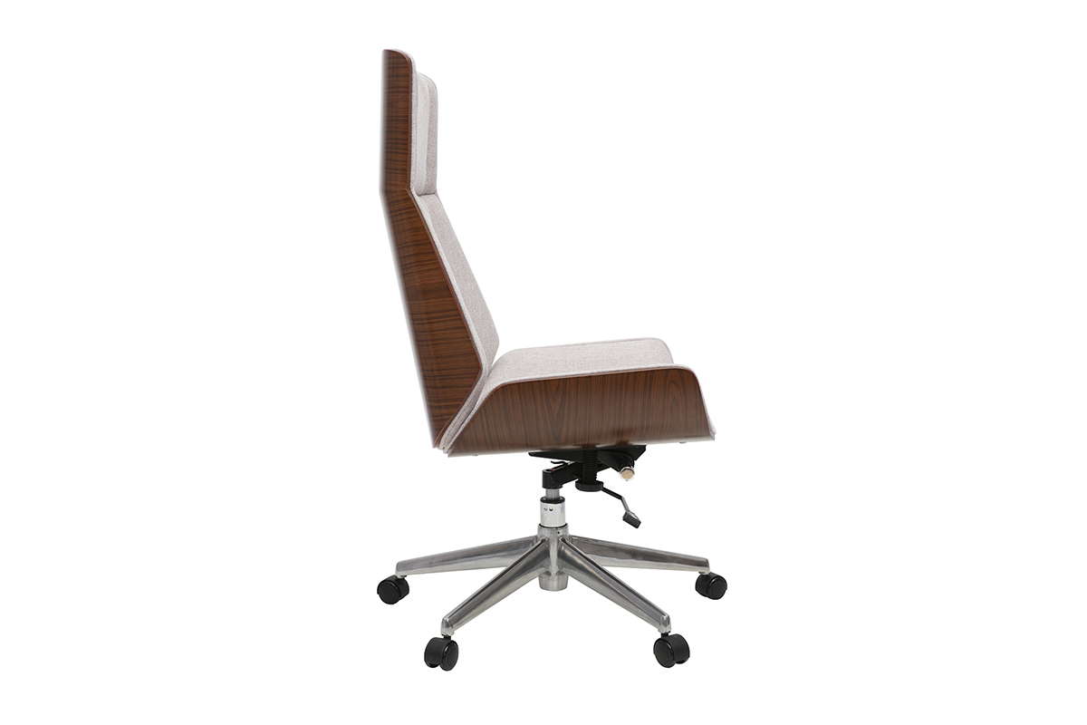 Fauteuil de bureau design CURVED, bois fonc� et tissu beige, vue de profil avec base en �toile.