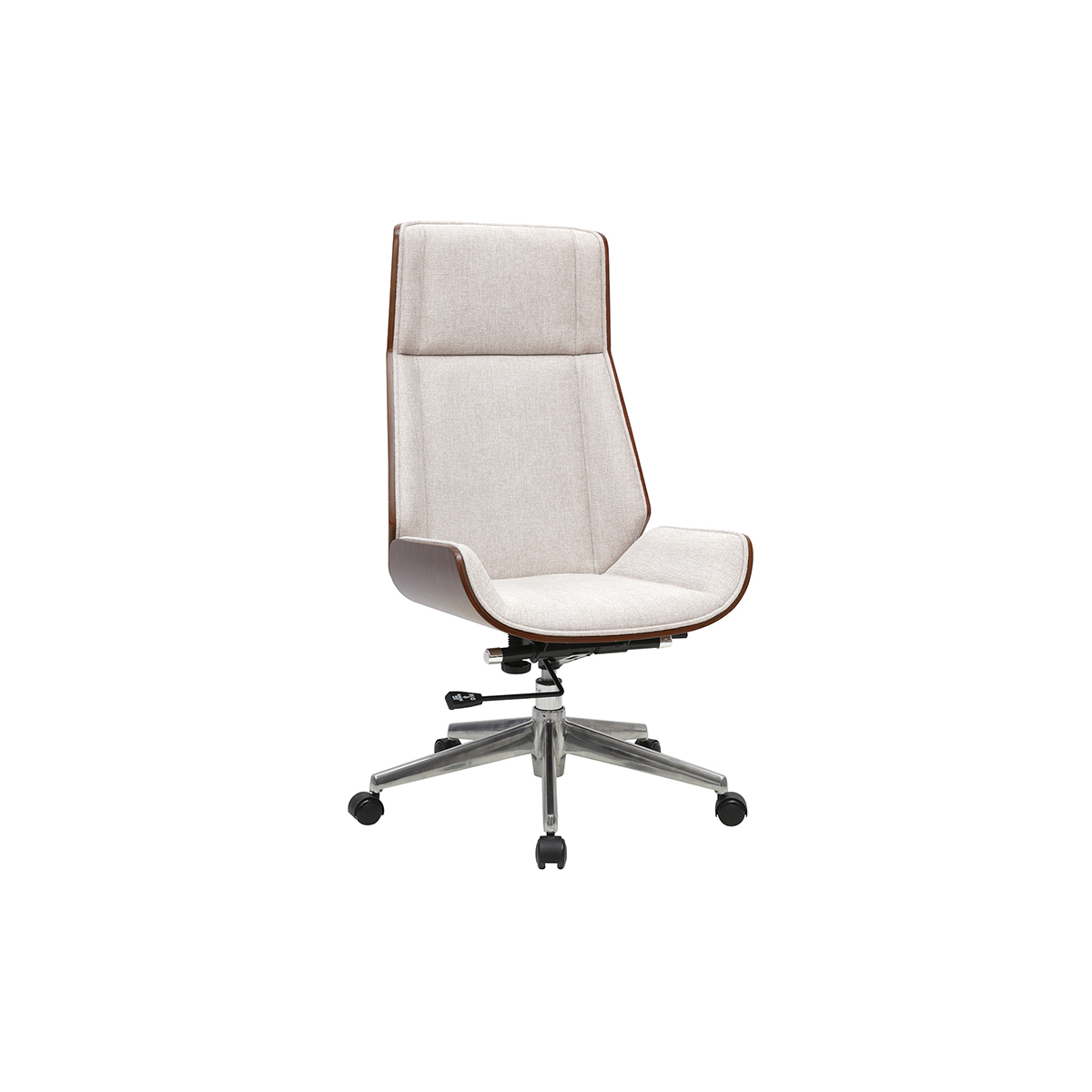 Fauteuil de bureau de direction design en tissu effet velours texturé beige, bois foncé et acier chromé CURVED