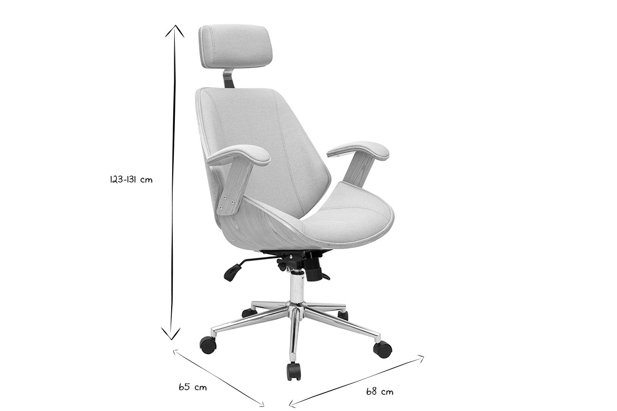 Dimensions du fauteuil de bureau en noir et blanc : hauteur 123-131 cm, largeur 68 cm, profondeur 65 cm.