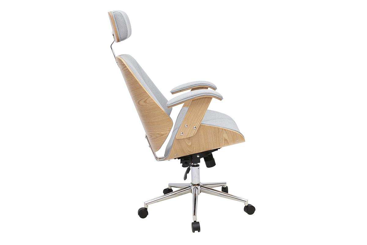 Fauteuil de bureau design gris, vue de profil inclin�, structure en bois clair et pied en acier.