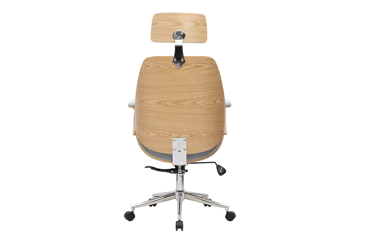 Fauteuil de bureau MUSK vue de dos, bois clair, tissu gris, base en acier chrom� avec roulettes.