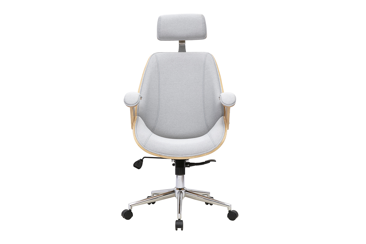 Fauteuil de bureau gris, bois clair et acier, vue de face.
