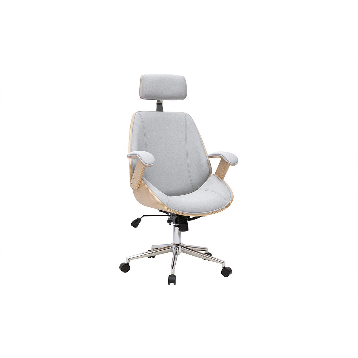 Fauteuil de bureau de direction design en tissu gris, bois clair et acier chromé MUSK Fauteuil de bureau de direction design en tissu gris, bois clair et acier chromé MUSK