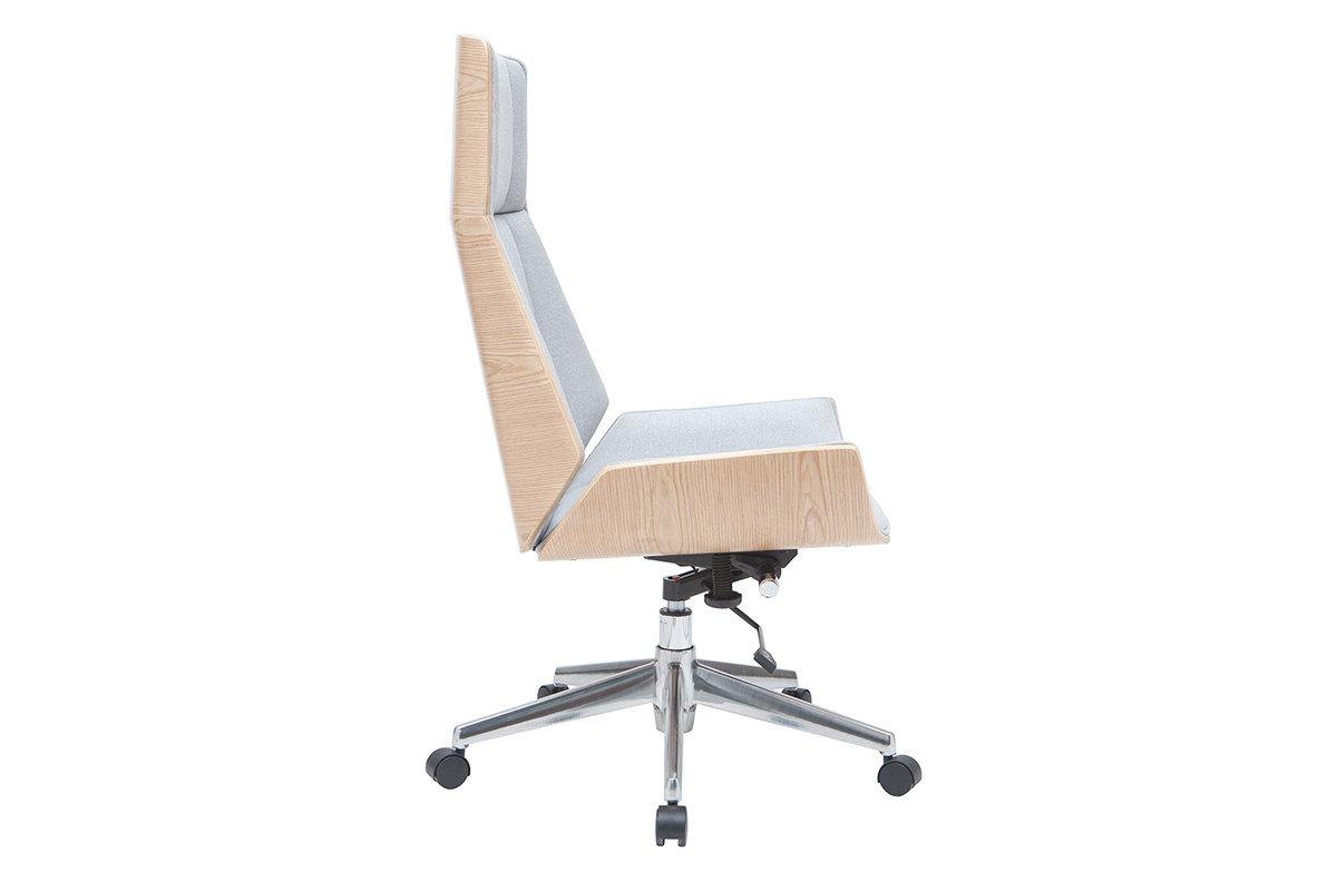 Fauteuil de bureau de direction design en tissu gris clair, bois clair et acier chrom CURVED