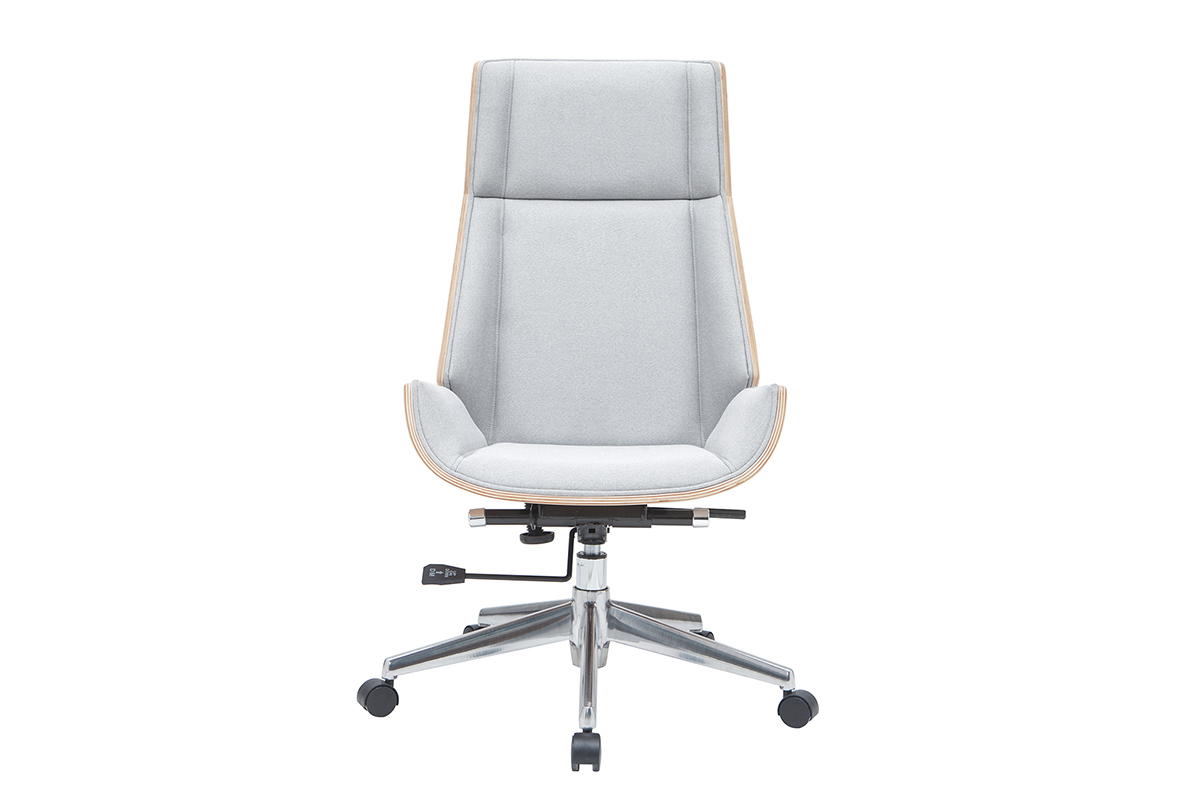 Fauteuil de bureau de direction design en tissu gris clair, bois clair et acier chrom CURVED