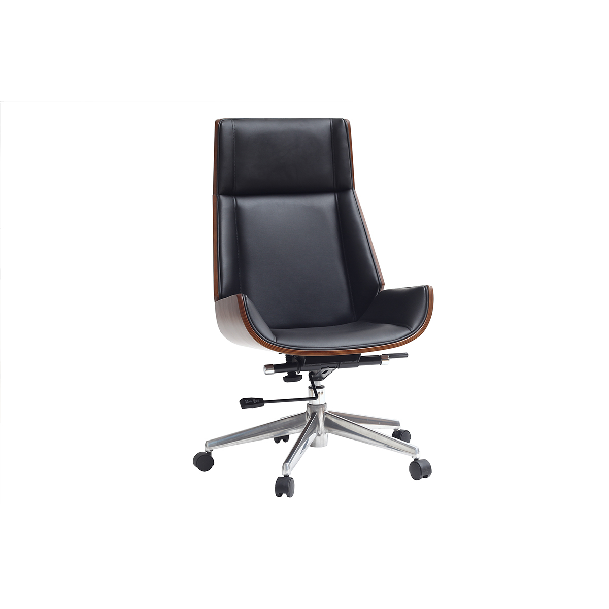 Fauteuil de bureau de direction design noir, bois foncé noyer et acier chromé CURVED Fauteuil de bureau de direction design noir, bois foncé noyer et acier chromé CURVED