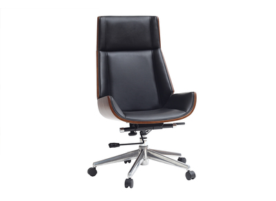 Fauteuil de bureau de direction design noir, bois foncé noyer et acier chromé CURVED