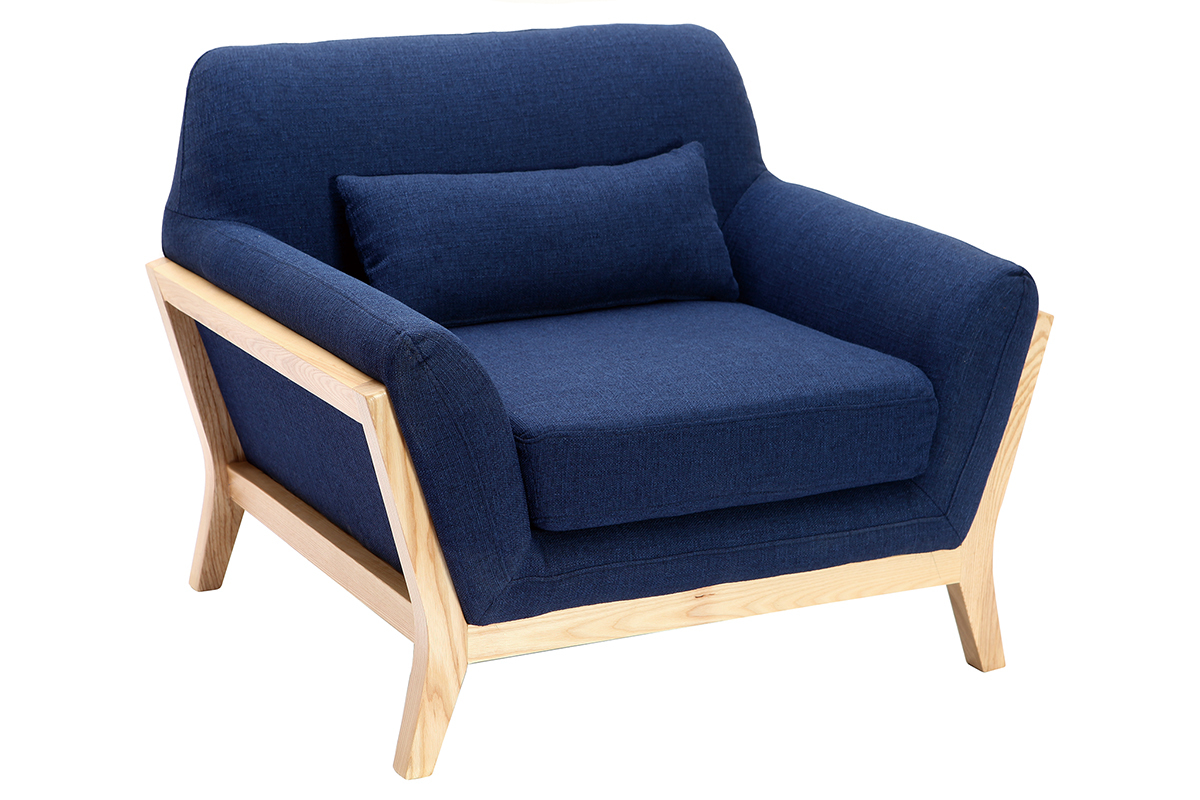 Fauteuil design bleu fonc� pieds bois YOKO