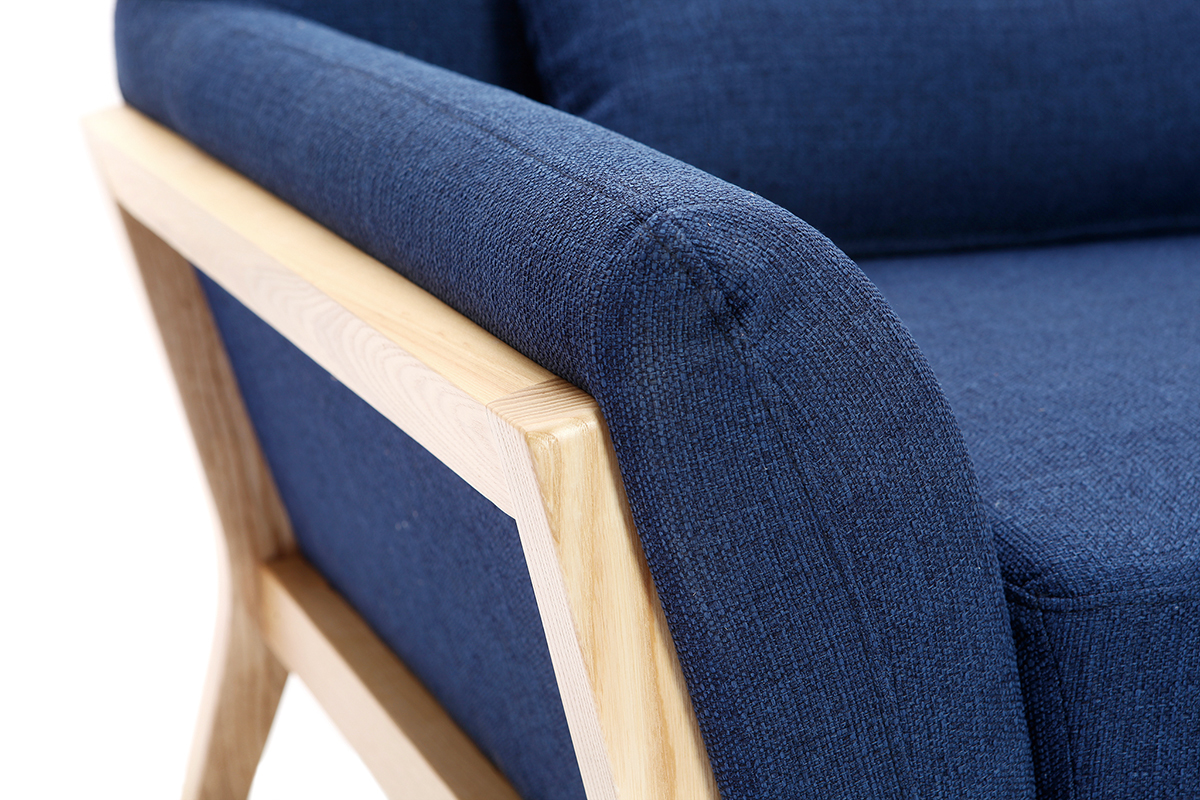 Fauteuil design bleu fonc� pieds bois YOKO