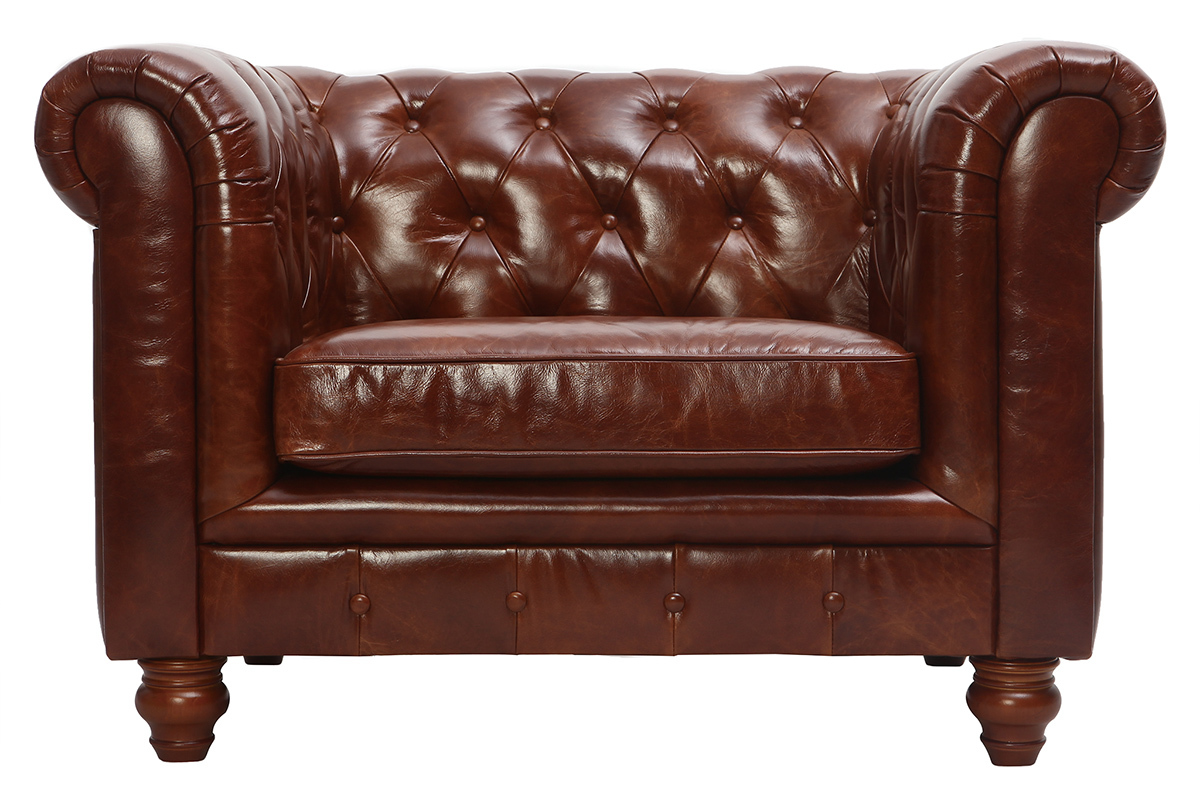 Fauteuil design cuir marron CHESTERFIELD - cuir de buffle