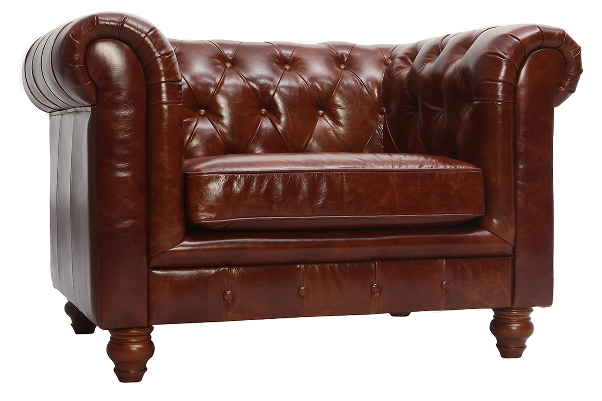 Fauteuil design cuir marron CHESTERFIELD - cuir de buffle