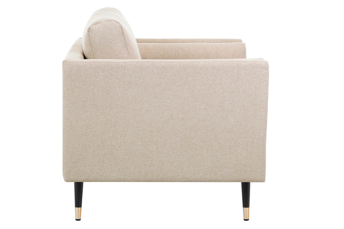 Fauteuil design en tissu beige naturel, bois noir et m�tal dor� STING