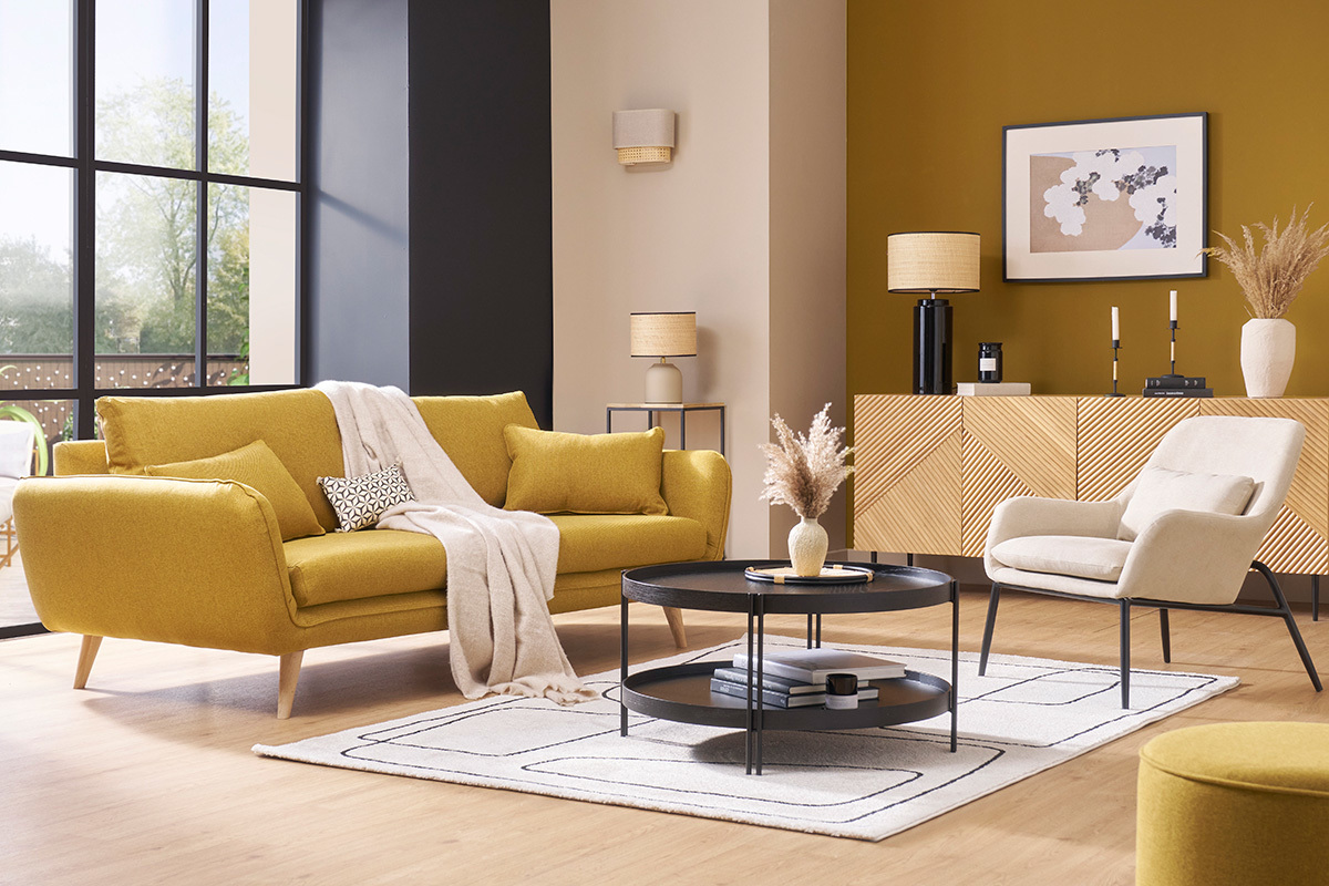 Fauteuil design en tissu effet velours beige et mtal noir MAXINE