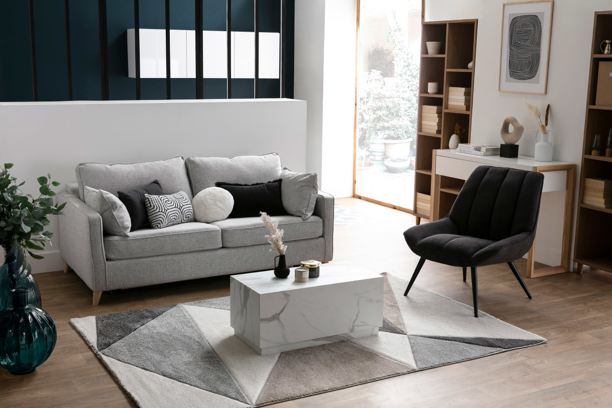 Fauteuil design en tissu effet velours gris fonc� et m�tal noir BILLIE