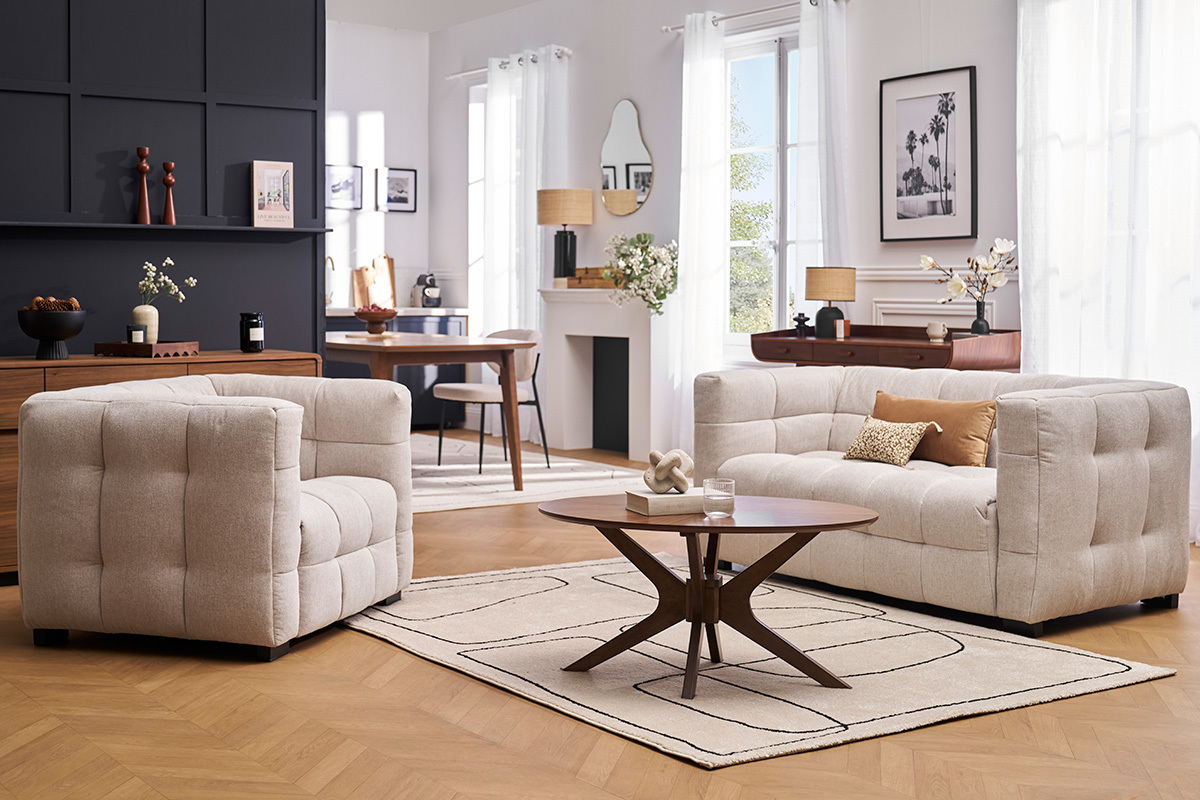 Fauteuil design en tissu effet velours textur beige CORTO